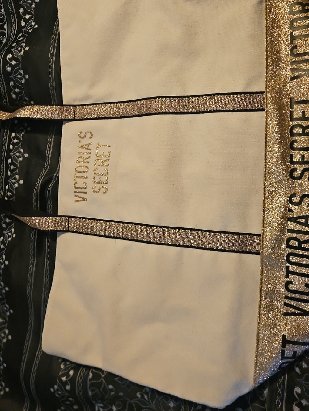 Victoria's Secret Cream Tote with Sparkling Gold Trim